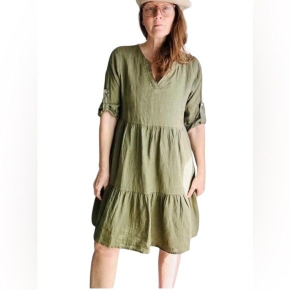 Bellambra Linen Dress-Layered-Ruffled-V Neck-3/4 Sleeves-Size Medium-Made Italy - Picture 1 of 10